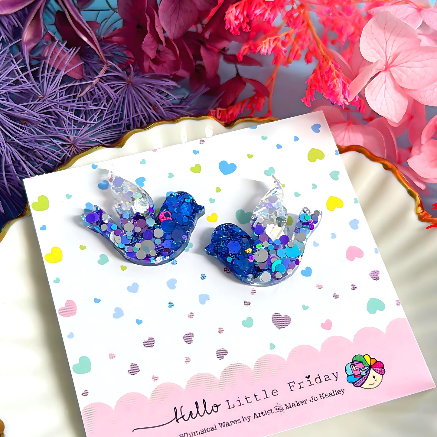 BLUEBIRD OF HAPPINESS : Choose STUD or DROP style: Handmade Holographic Resin Earrings