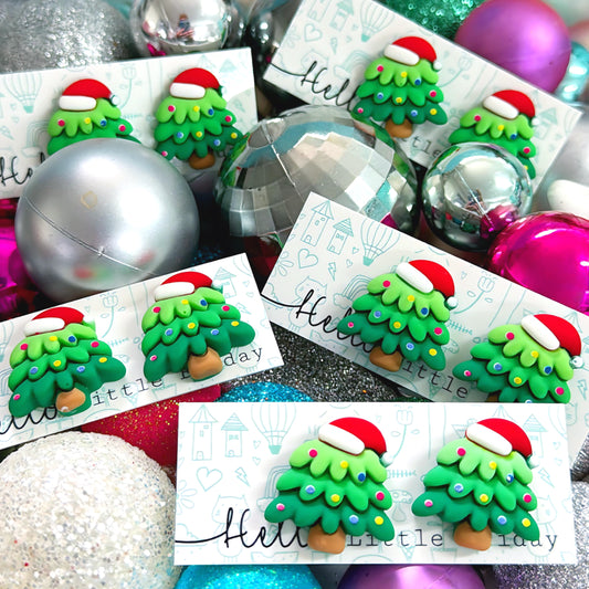 CHRISTMAS TREE WITH SANTA HAT : Resin STUD Earrings