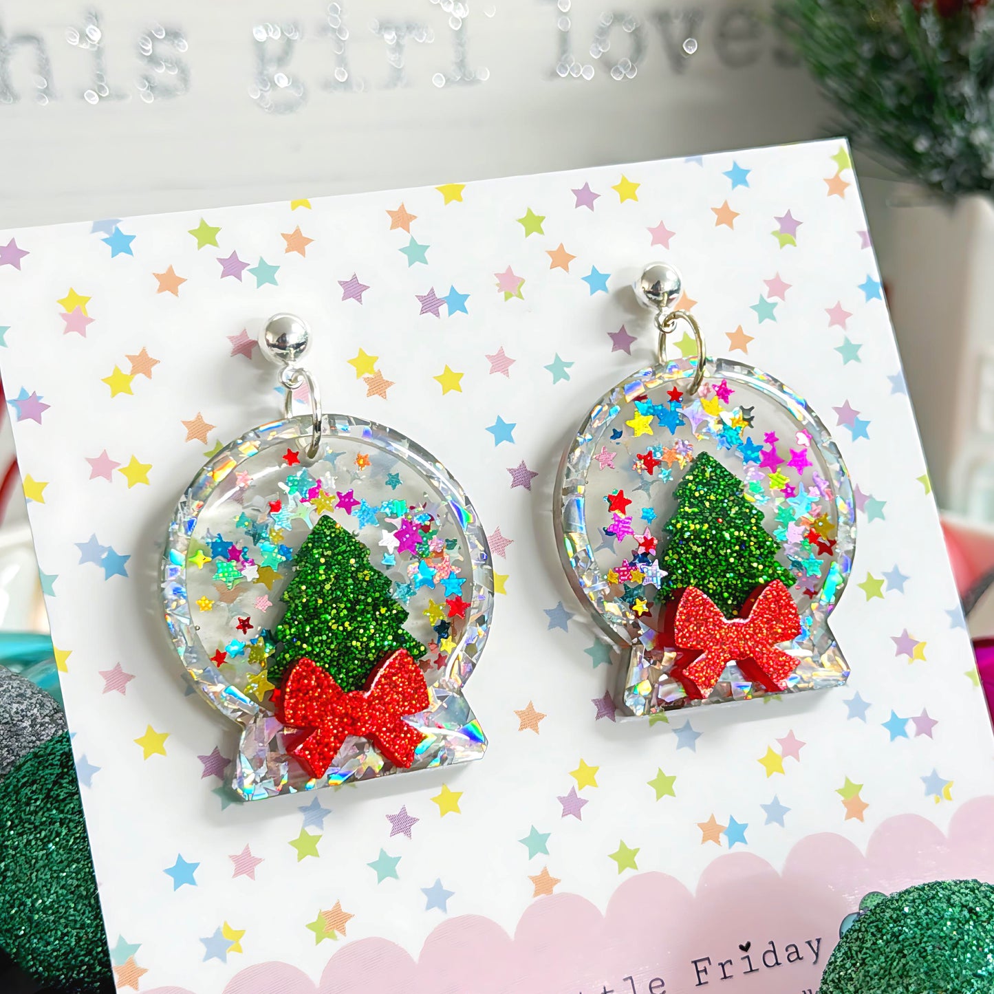 CHRISTMAS SNOW GLOBE RAINBOW TWINKLE STAR : SILVER : Handmade Resin & Acrylic DROP Earrings