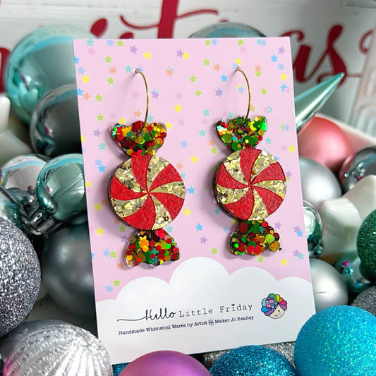 CHRISTMAS CANDY SWIRLY SWEETIES : Handmade Resin & Acrylic DROP Earrings