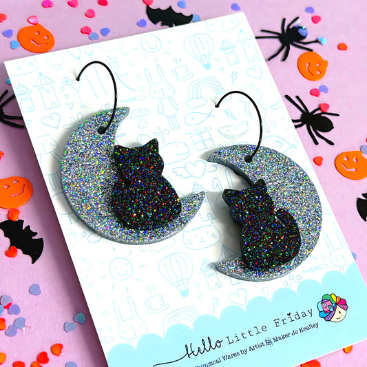 SPOOKY KITTY SHIMMERING MOON : Handmade Resin DROP Earrings