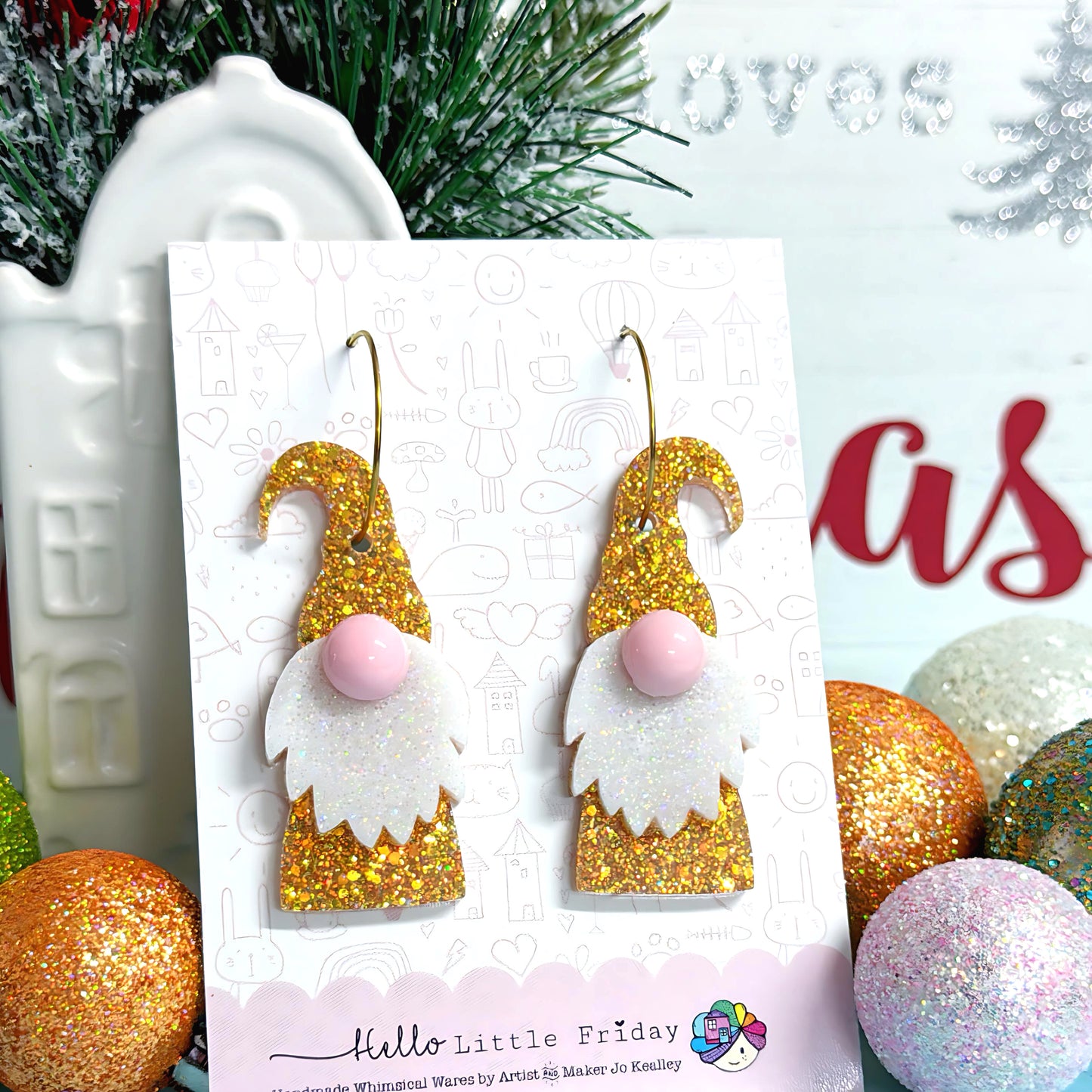 HELLO LITTLE GNOME : MR CHRISTMAS GOLDEN  SHIMMERS : Handmade Resin DROP Earrings