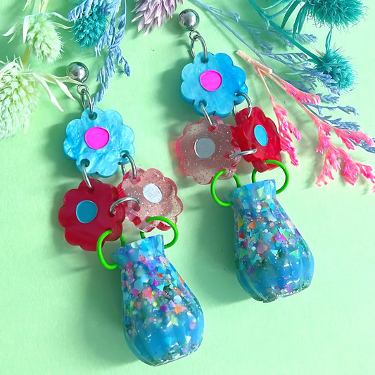 SPRINGTIME BOUQUETS : 3D VASE : Handmade Acrylic & Resin DROP Earrings