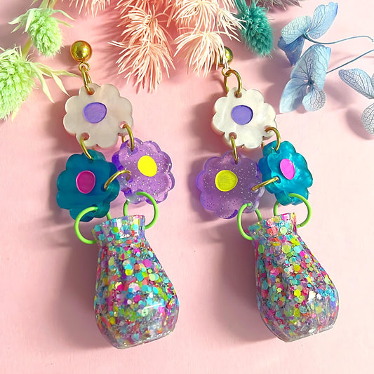 SPRINGTIME BOUQUETS : 3D VASE : Handmade Acrylic & Resin DROP Earrings