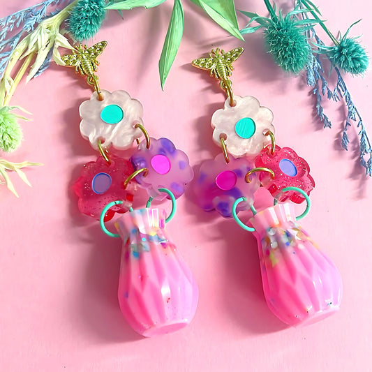 SPRINGTIME BOUQUETS : 3D VASE : Handmade Acrylic & Resin DROP Earrings