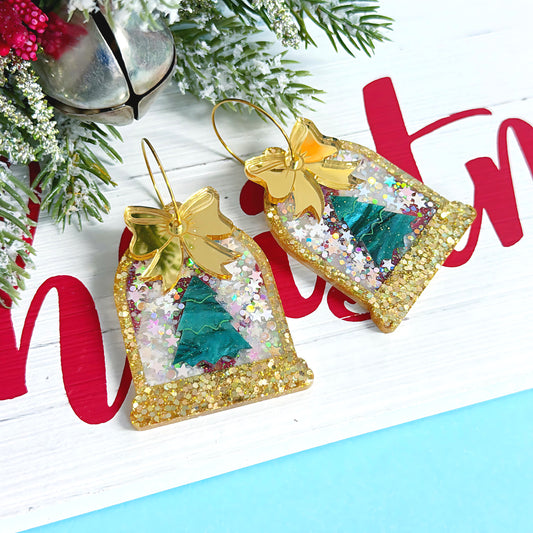 CHRISTMAS SNOW GLOBE : SHIMMERING SNOW FROSTED TREE : GOLDEN : Handmade Resin Drop Earrings