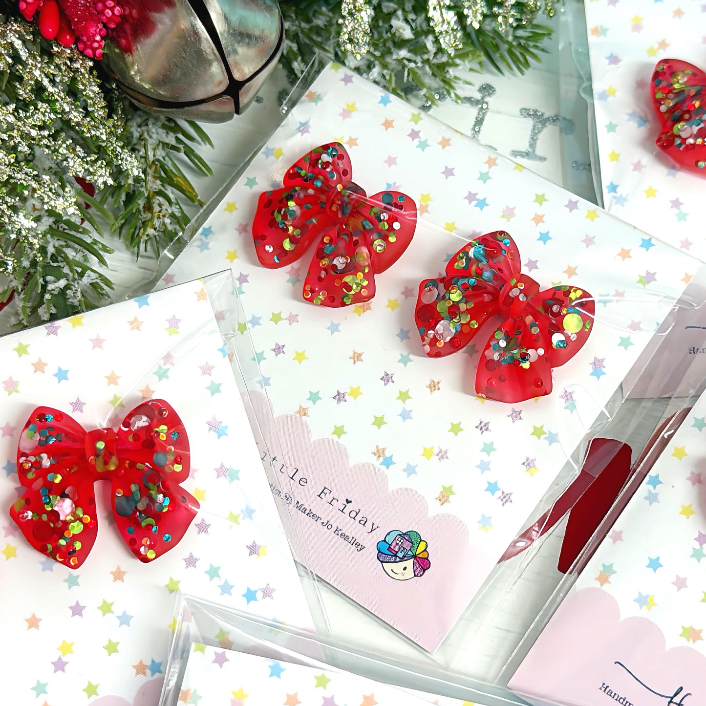 FESTIVE PREZZIE BOWS : Handmade Resin STUD Earrings