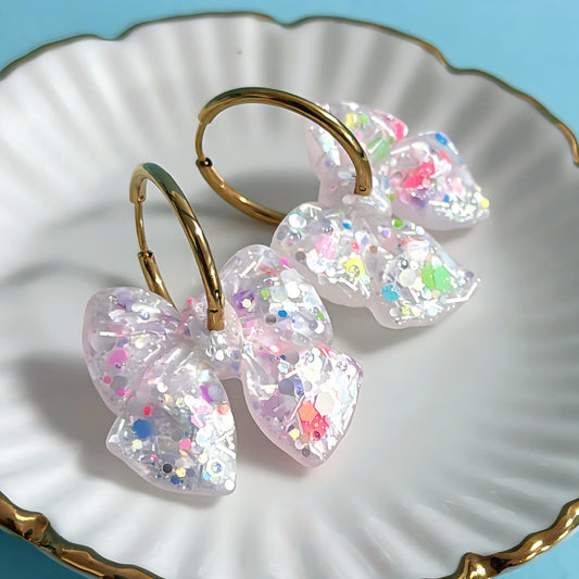 PARTY BOWS : IRIDESCENT RAINBOW: Handmade DROP Resin Earrings