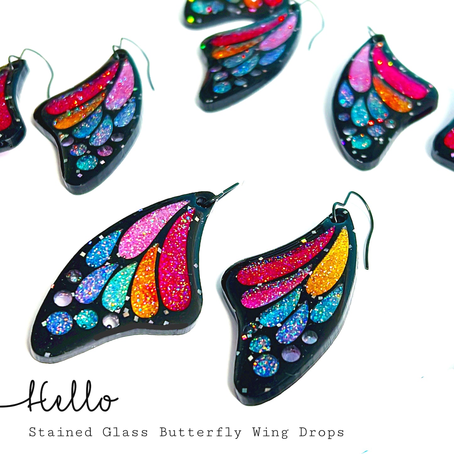 STAINED GLASS BUTTERFLY WINGS : RAINBOW : Handmade Holographic Resin DROP Earrings