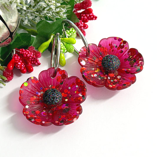 CONFETTI POPPIES : RUBY RED : Handmade Resin Drop Earrings on Huggie Hoops