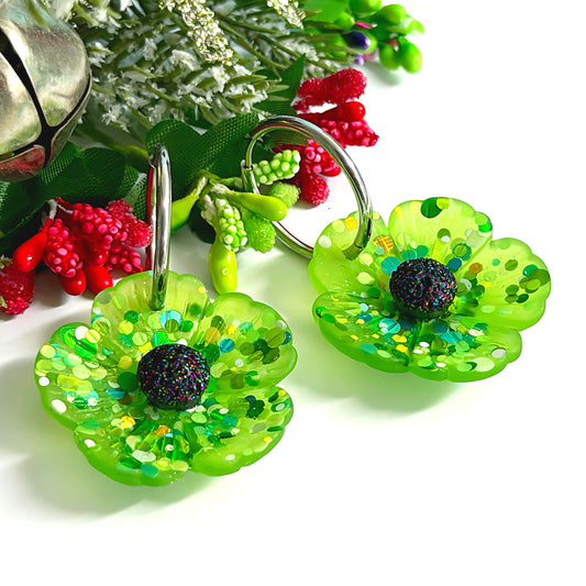 Last pair - CONFETTI POPPIES : FRESH LIME GREEN : Handmade Resin Drop Earrings on Huggie Hoops