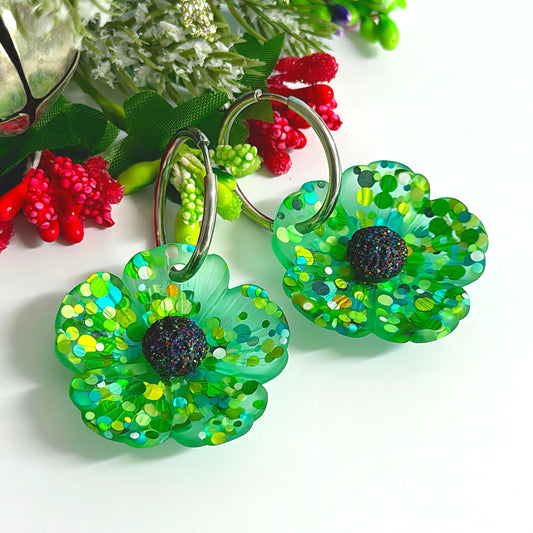 CONFETTI POPPIES : FESTIVE EMERALD GREEN : Handmade Resin Drop Earrings on Huggie Hoops