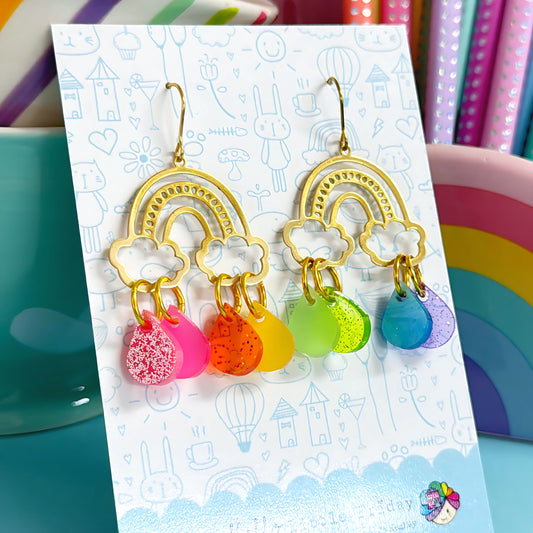 IT’S RAINING RAINBOWS SPARKLES : Antique : Handmade Brass & Acrylic DROP Earrings