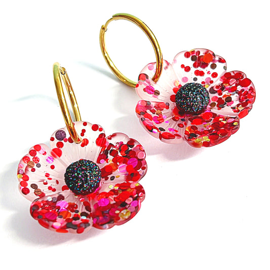 TRADITIONAL RED CONFETTI POPPIES : Handmade Resin Drop Earrings on Huggie Hoops