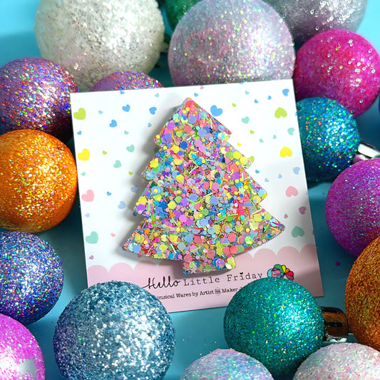 CHRISTMAS TREE : RAINBOW SPARKLES : Handmade Resin  BROOCH