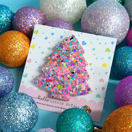 CHRISTMAS TREE : PINK SPARKLES : Handmade Resin  BROOCH