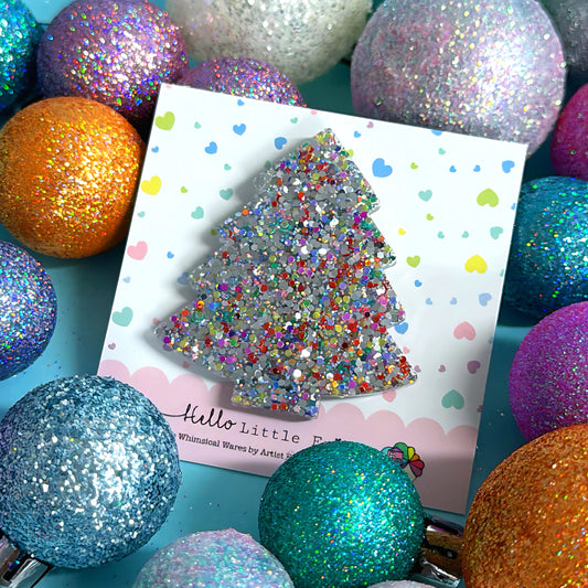 CHRISTMAS TREE : SILVER GLIMMER : Handmade Resin  BROOCH