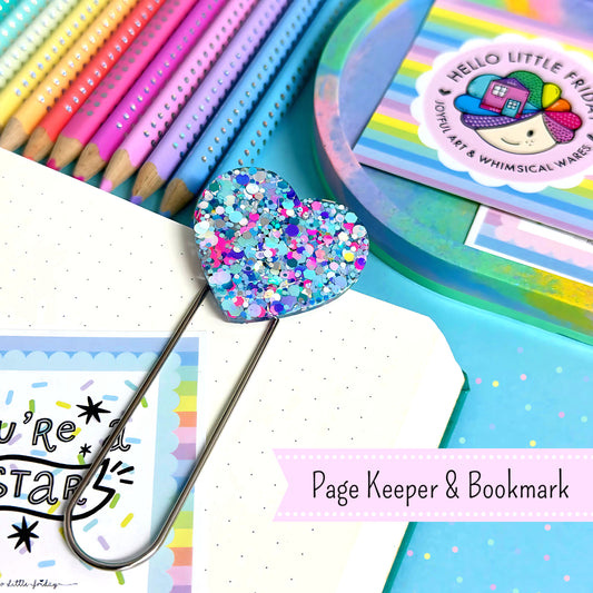 PAGE KEEPER & BOOKMARK : Pastel Glimmer Heart : Handmade Resin Bookmark or Planner Clip