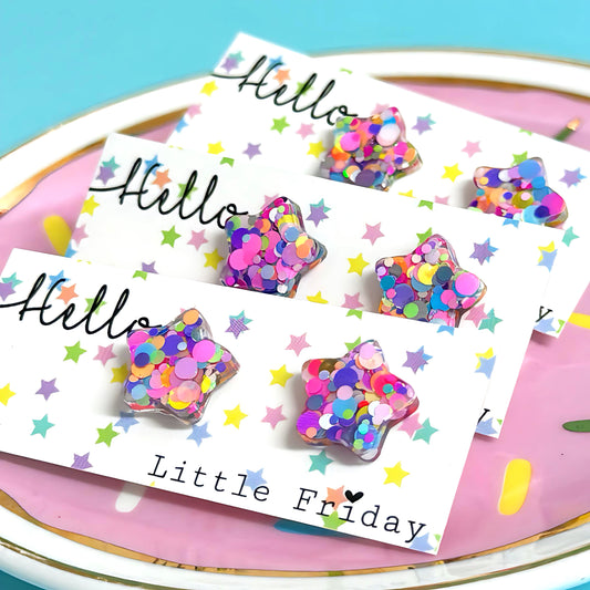 CONFETTI RAINBOW STARS : SMALL : Handmade Resin Earrings