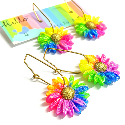 CRAZY FOR DAISY : NEON RAINBOW: Large : Handmade Resin Drop Earrings