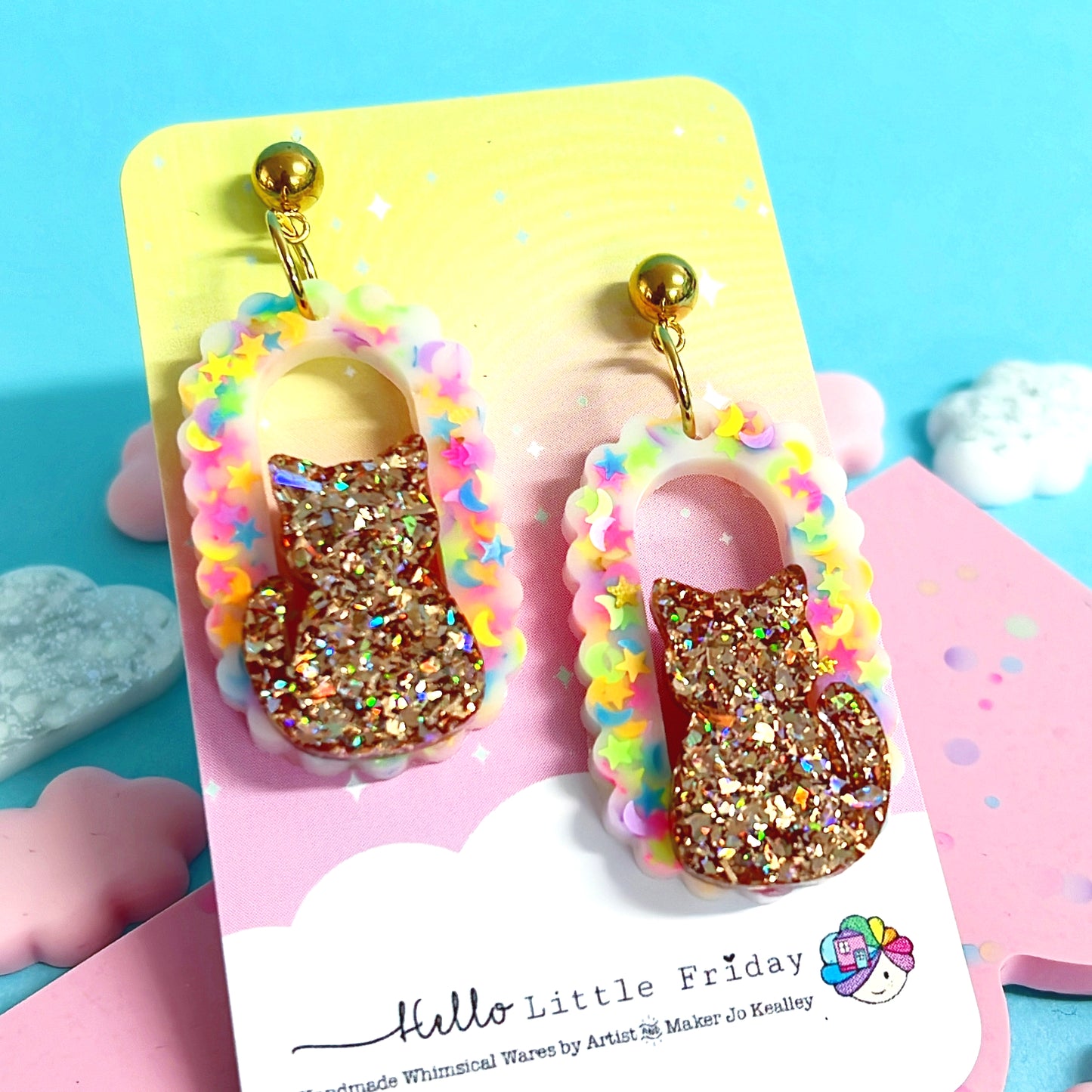 KITTY IN THE WINDOW : Choose your design : Handmade Holographic Resin DROP Earrings