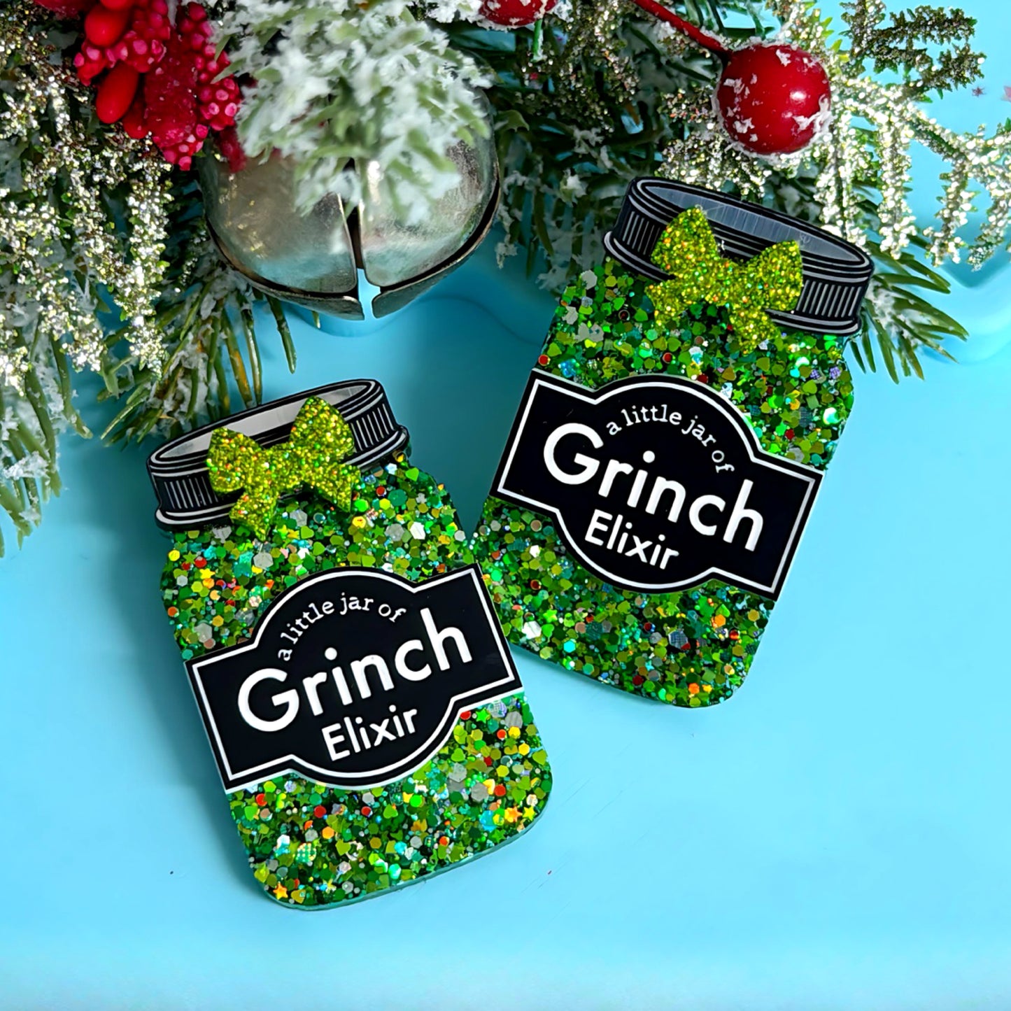 A LITTLE JAR OF : GRINCH ELIXIR : Handmade Resin & Acrylic BROOCH