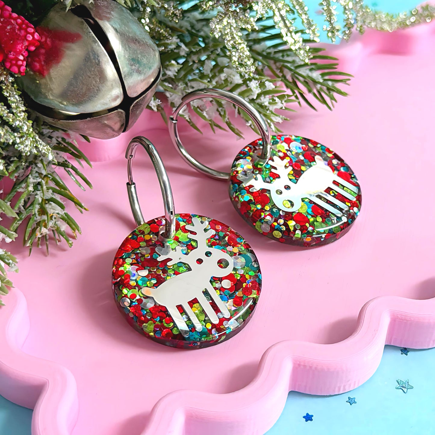 RUDOLPH THE RED NOSE REINDEER : SILVER : Handmade Resin DROP Earrings