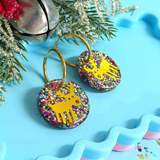 RUDOLPH THE RED NOSE REINDEER : GOLDEN RAINBOW : Handmade Resin DROP Earrings