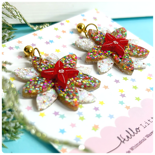 Two pairs only : Limited Edition GLISTENING POINSETTIAS : Handmade Resin & Acrylic DROP Earrings