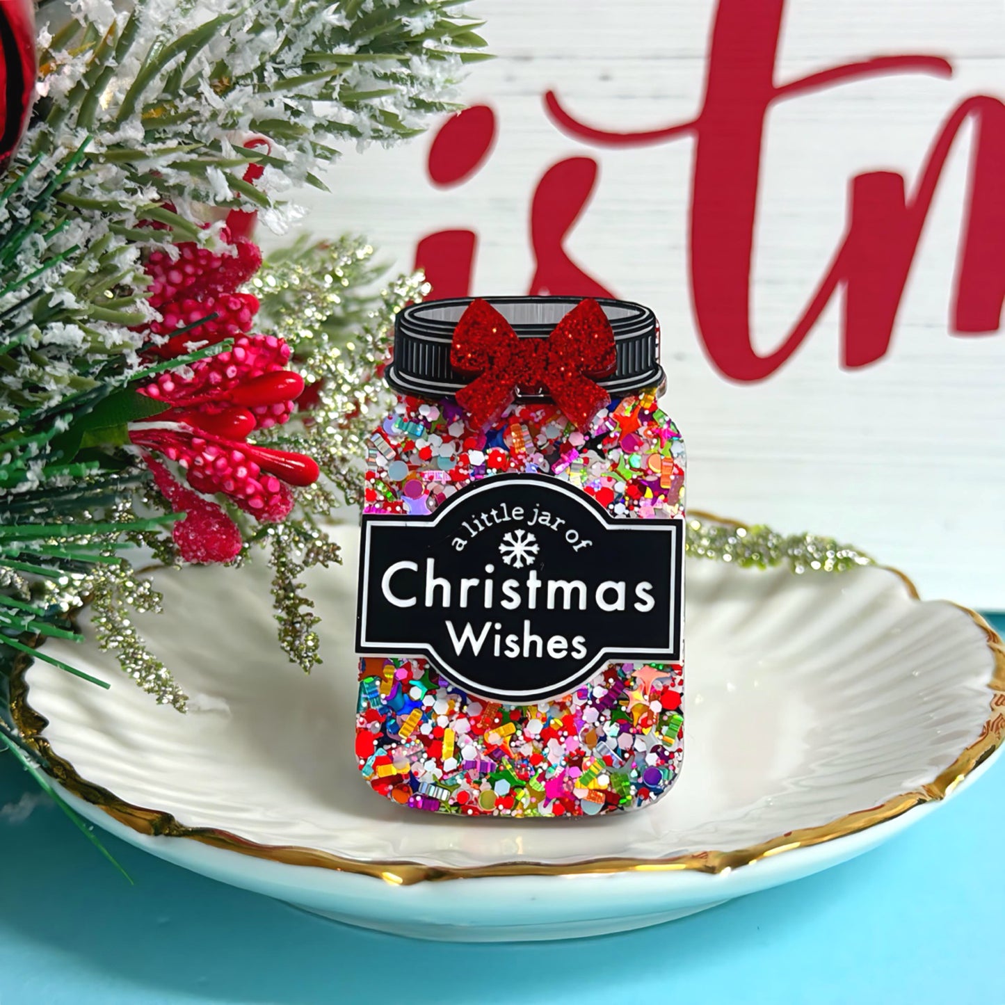 A LITTLE JAR OF CHRISTMAS WISHES : Rainbow Tinsel : Handmade Resin & Acrylic BROOCH