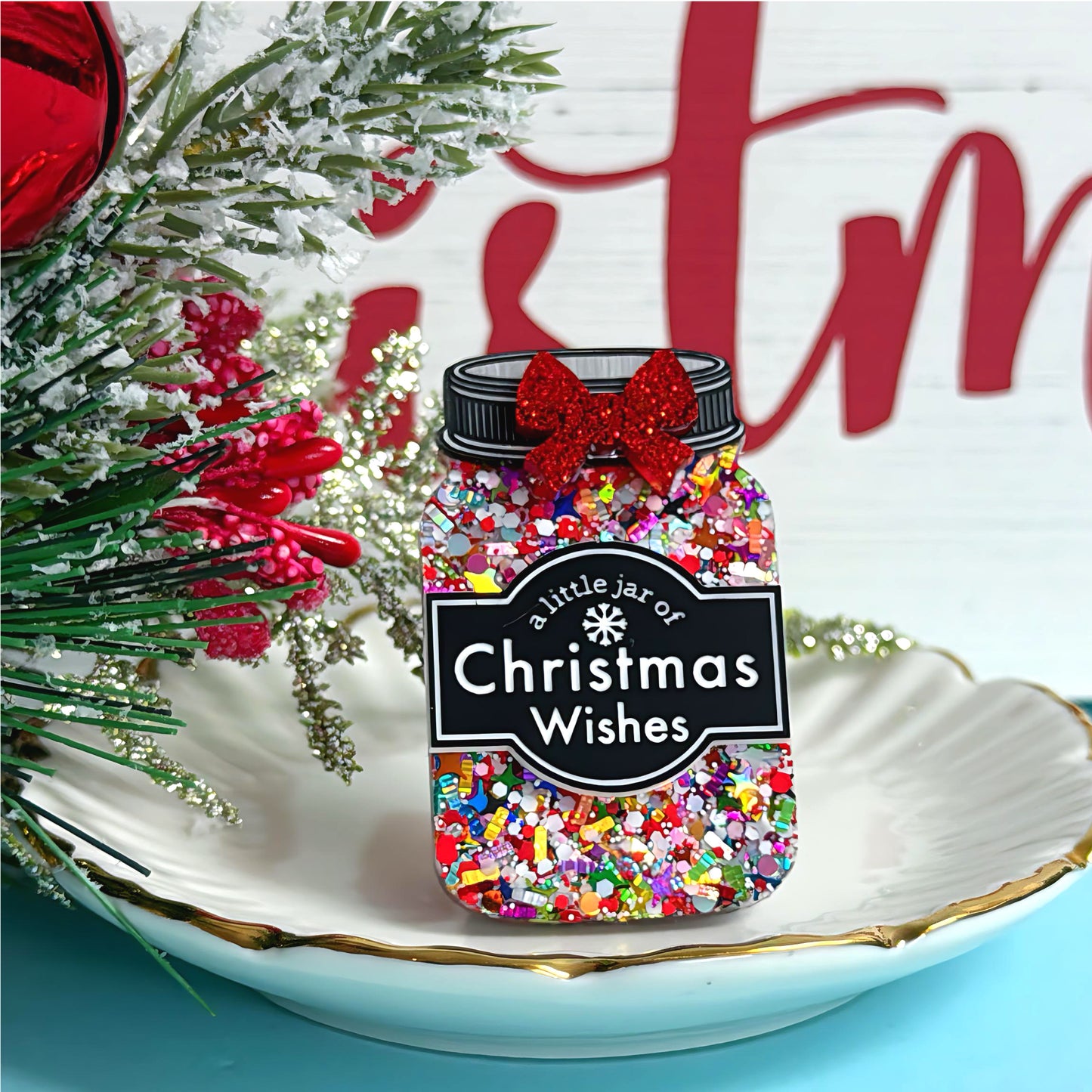 A LITTLE JAR OF CHRISTMAS WISHES : Rainbow Tinsel : Handmade Resin & Acrylic BROOCH