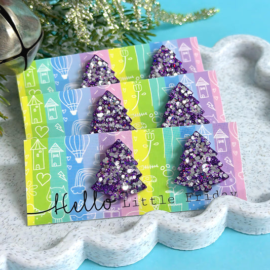 MINI CHRISTMAS TREES : VIOLET SILVER : Handmade Resin STUD Earrings