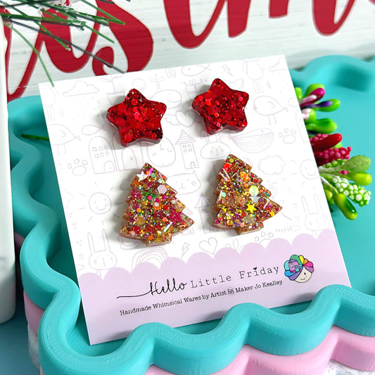 STAR & CHRISTMAS TREE STUD SET : Red stars + Golden trees : Handmade Resin STUD Earrings