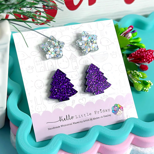 STAR & CHRISTMAS TREE STUD SET : Silver stars + Royal Purple trees : Handmade Resin STUD Earrings