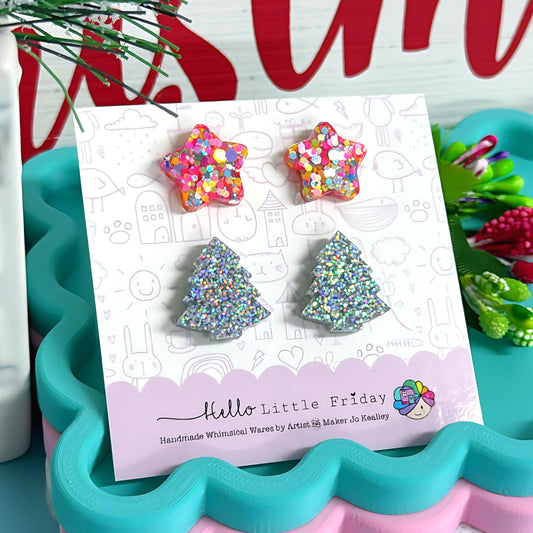 STAR & CHRISTMAS TREE STUD SET : Rainbow stars + Silver trees : Handmade Resin STUD Earrings