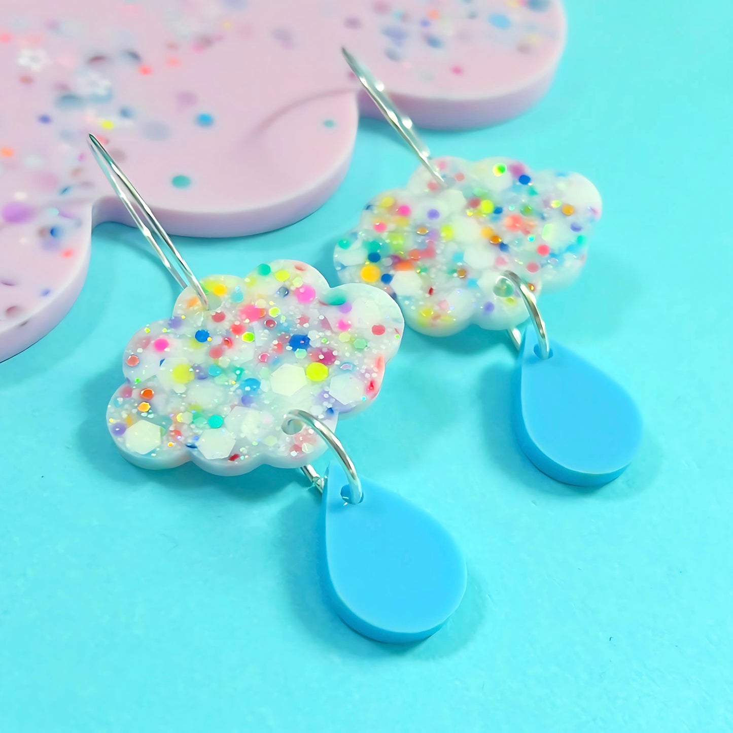 IT’S RAINING RAINBOWS : Funfetti cloud blue drops : Handmade Resin & Acrylic DROP Earrings