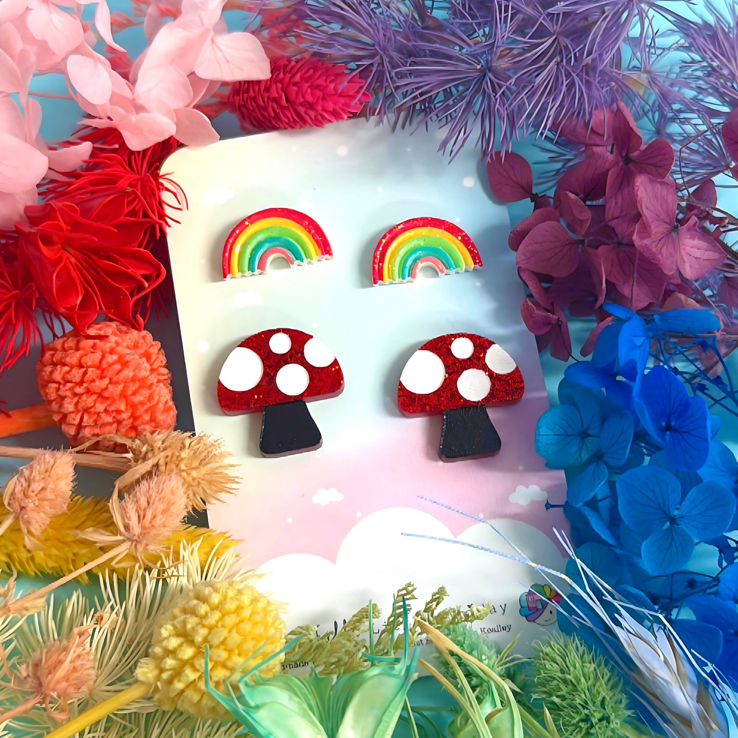 RAINBOWS & MUSHROOMS SET : Handmade Acrylic STUDS (Copy)