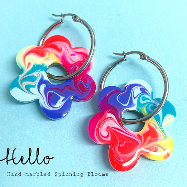 MARBLED RAINBOW : DAISY SPINNERS : Choose your size : Handmade Resin DROP Earrings