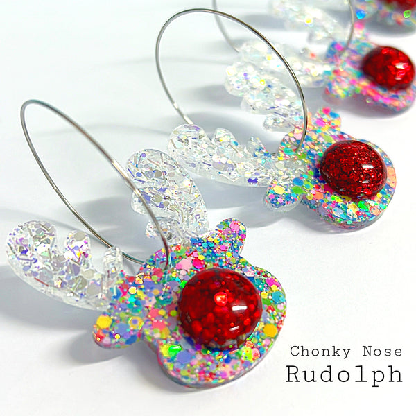 CHONKY NOSE RUDOLPH : IRIDESCENT RAINBOW : Handmade Resin DROP Earrings