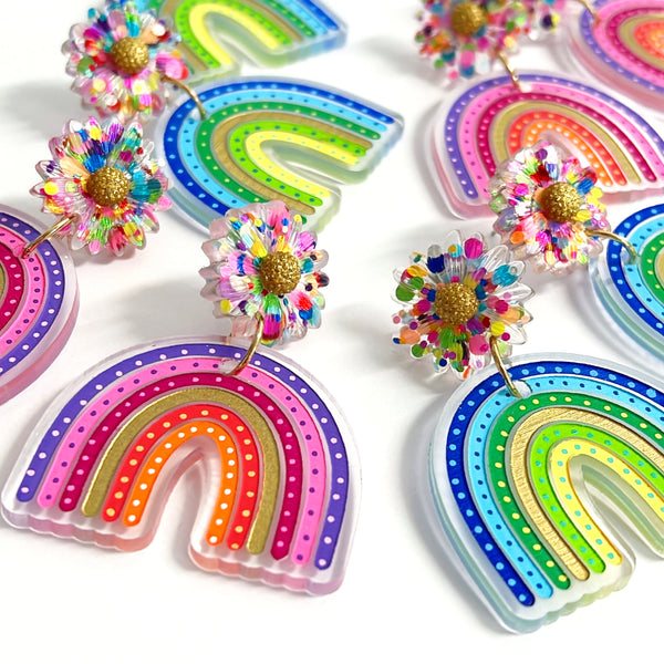 DAISY RAINBOW ARCHES : Choose warm or cool : Handmade Resin & Acrylic Drop Earrings