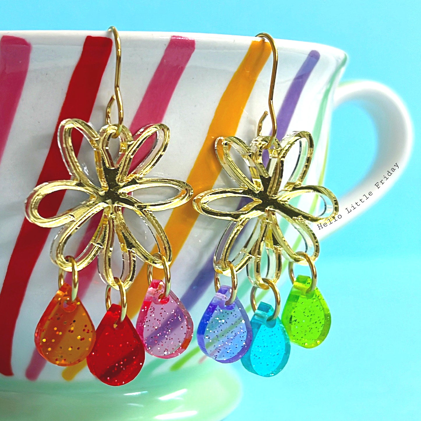 RAINDROP SQUIGGLE FLOWERS : Choose silver or gold  : Handmade Acrylic Drop Earrings