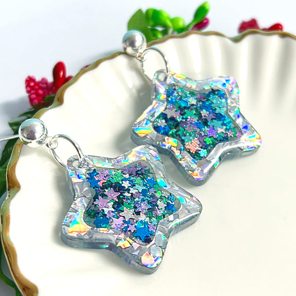 PARTY STARS : Choose your colour : Handmade Resin & Acrylic Stud-top DROP Earrings