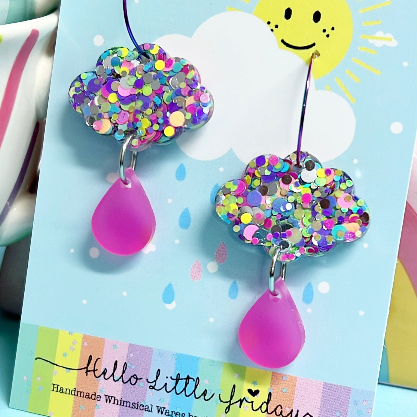 IT’S RAINING RAINBOWS : Disco Confetti cloud : Handmade Resin & Acrylic Drop Earrings
