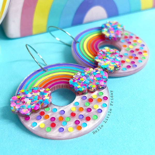 FAIRY BREAD DONUTS : STRAWBERRY SHIMMER : Handpainted Acrylic & Cast Resin Drop Earrings