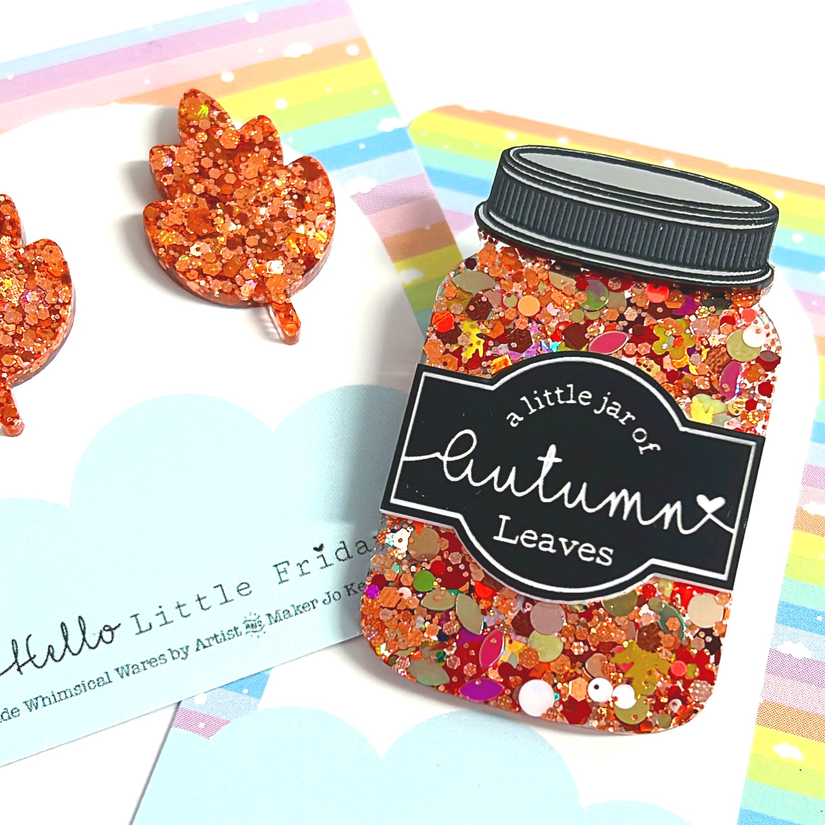 A LITTLE JAR OF AUTUMN LEAVES : Handmade Resin & Acrylic BROOCH or STUD EARRINGS