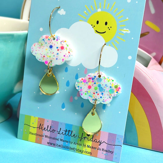 IT’S RAINING RAINBOWS : Funfetti cloud : Handmade Resin & Acrylic DROP Earrings