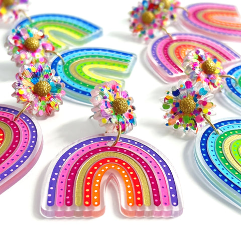 DAISY RAINBOW ARCHES : Choose warm or cool : Handmade Resin & Acrylic Drop Earrings