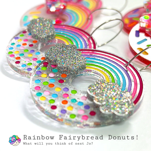 FAIRY BREAD DONUTS : SHIMMER TWINKLE : Handpainted Acrylic & Cast Resin Drop Earrings