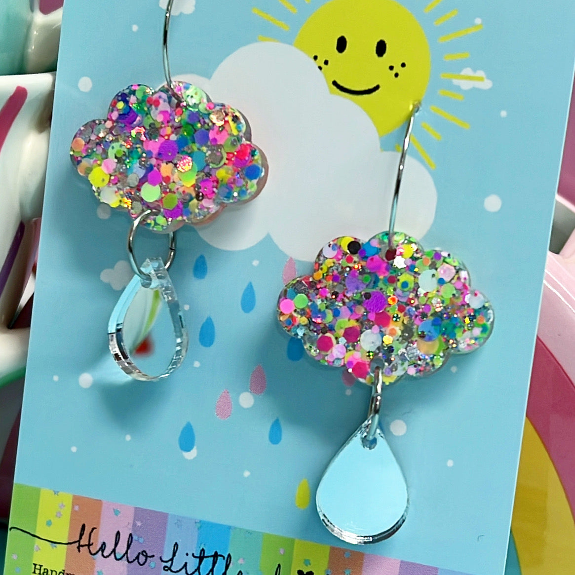 IT’S RAINING RAINBOWS : Neon Confetti cloud : Handmade Resin & Acrylic Drop Earrings