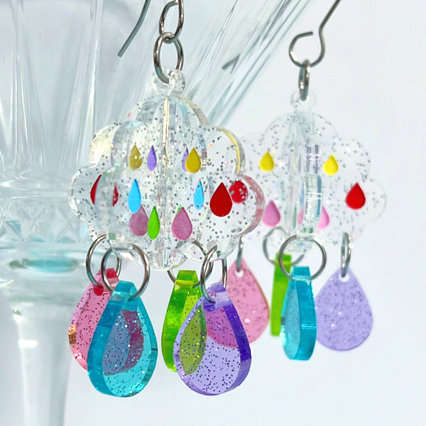 3D IT’S RAINING RAINBOWS : CLOUDS : Handmade Acrylic Drop Earrings